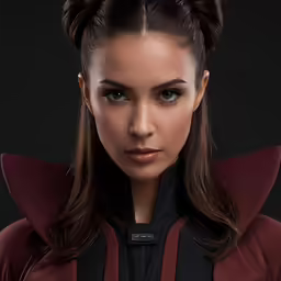 a woman with dark brown hair wearing a red outfit