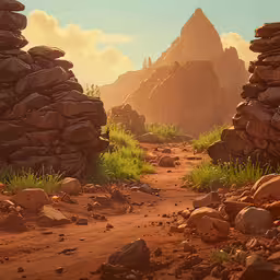 a rock lined dirt road with a rock tower in the distance,a stone path on a rocky area near a mountain