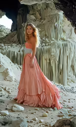 a woman stands in the sand with a mountain background