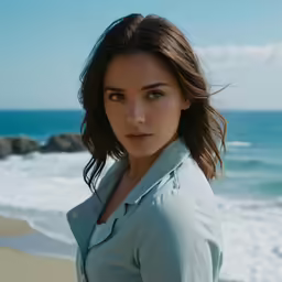 a woman stands on the beach by the water