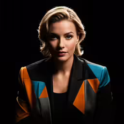 a woman wearing a black and orange jacket
