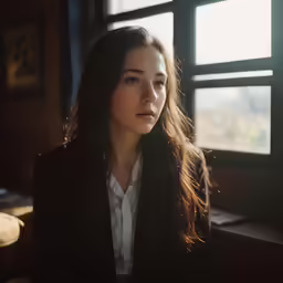 a beautiful woman standing in front of a window