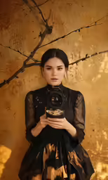 the woman is taking a picture in front of a wall