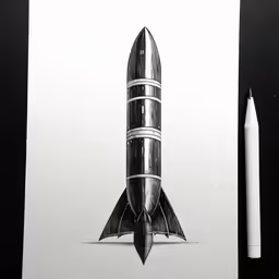 a black and white drawing of a rocket with a long tail