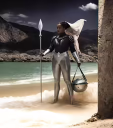 a woman dressed as an elf carrying a metal ball on her back