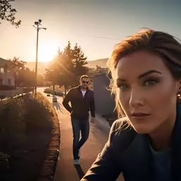 a woman standing on a sidewalk next to a man