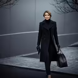 a woman in a black coat and gloves carrying a black bag