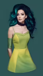 an asian woman in a yellow and green dress
