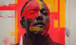 the man with his face covered in yellow paint is posing for the camera
