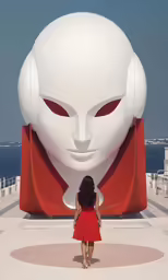 woman in front of large white sculpture of an eye