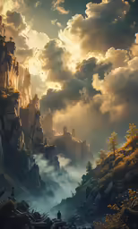 an image of the sun going down in the clouds over a mountain