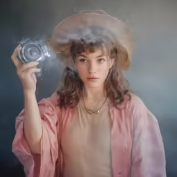 a woman taking a selfie with a camera and a hat on