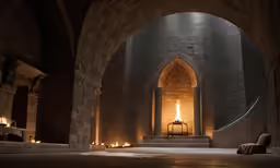 a stone building with lit candles inside of it