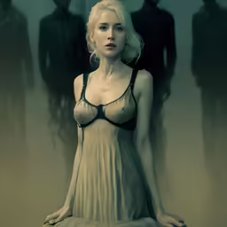 a female with short blonde hair in a black bra and dress standing next to three men