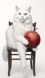 a cat sitting in a chair holding an apple