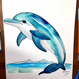 an ink drawing of a dolphin jumping in the air,painting with water color for beginners dolphin in ocean scene