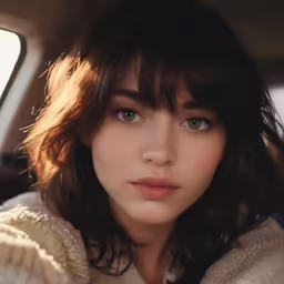 a close up of a person with bangs and hair