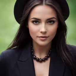 a woman wearing a black hat, suit and necklace