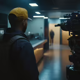 an employee at a camera looking at a wall - mounted camera