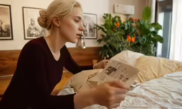 a blonde woman sitting on a bed and reading a book
