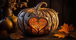 a decorative pumpkin is lit up with a lighted candle