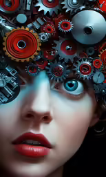 a woman with gears on her face and one eye showing