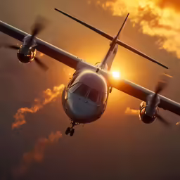 the top of a silver airplane flying on the sky at sunset
