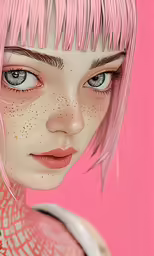 a female figure with freckles is wearing pink hair