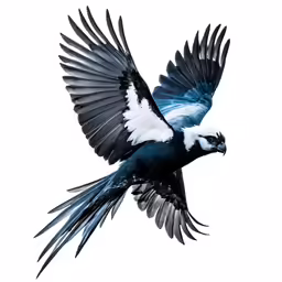 a black and white bird is flying sideways