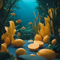 a fish in an aquarium, surrounded by lemons and plants