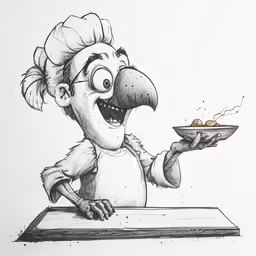 a black and white drawing of a bird holding a bowl of food