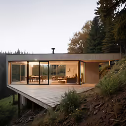 a modern house overlooks a wooded mountain side