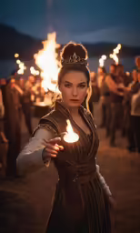 the woman is holding torches, as she looks at the camera