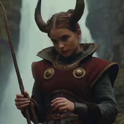 a woman in an armor with horns is standing near a waterfall