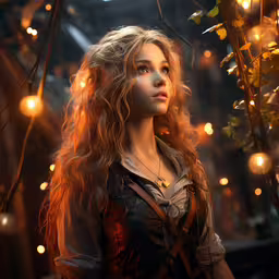 a woman with long hair in an environment,a girl stands near some lights on a string