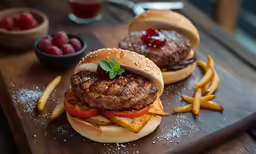 a hamburger with cheese and lettuce on a wooden cutting board