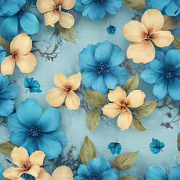 many flowers and leaves on a blue and yellow background,some blue and yellow flowers are on the wall
