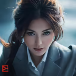 a woman with a suit and white shirt