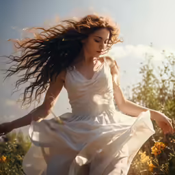 there is a woman in white dress running through grass