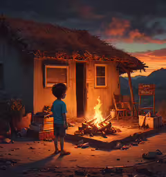 a kid standing in front of an old house near fire,there is a person standing next to the fire