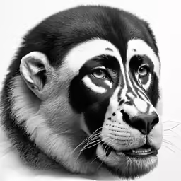 black and white photo of a male zebra with stripes on its face
