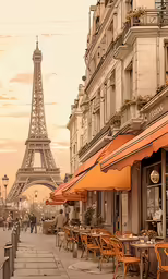 the eiffel tower can be seen in the background of an outdoor cafe