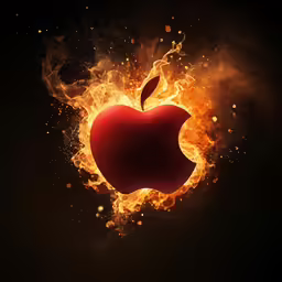 an apple on fire with a dark background