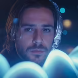 a man with long hair standing by a glass