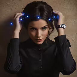 a young woman poses with her hands on her head