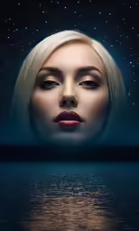 a woman with blonde hair and red lips looks up at the stars in the night sky