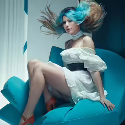a woman that has blue hair sitting on a chair