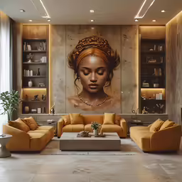 a living room with yellow furniture in it