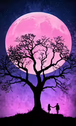two people holding hands under the tree as the moon rises