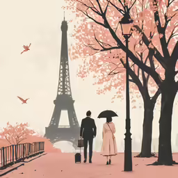 the couple holds the umbrella as they walk down the path toward the eiffel tower